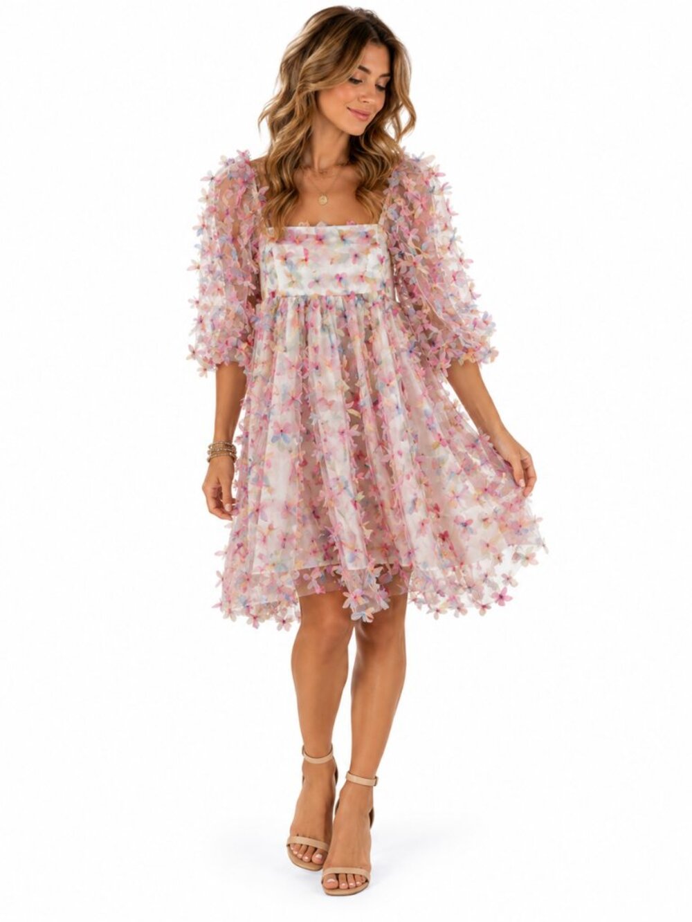 Storia‎ 3D Floral Mini Dress Womens S Pink Puff Sleeve Babydoll Fairycore